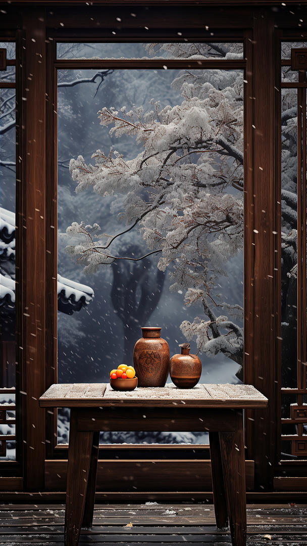一品堂古香古色中式禅意茶室雪景图片