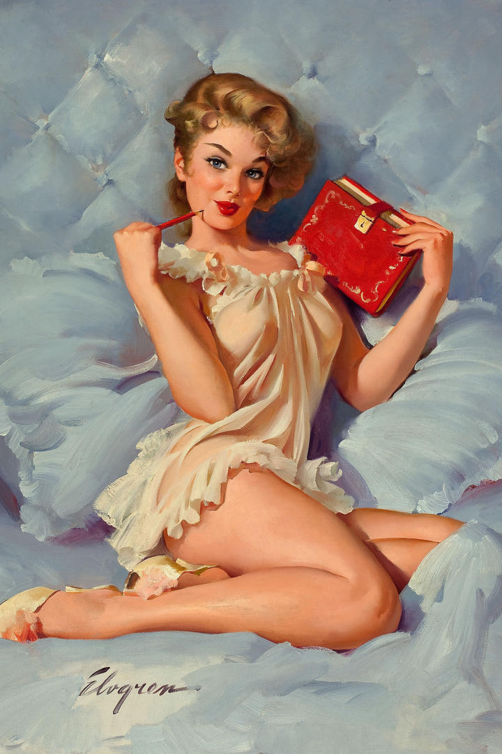 穿睡衣坐在床上的美国丽人性感美女油画图片