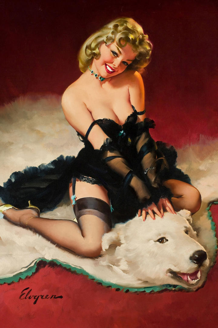 坐在白熊皮上的美国丽人性感美女油画作品图片