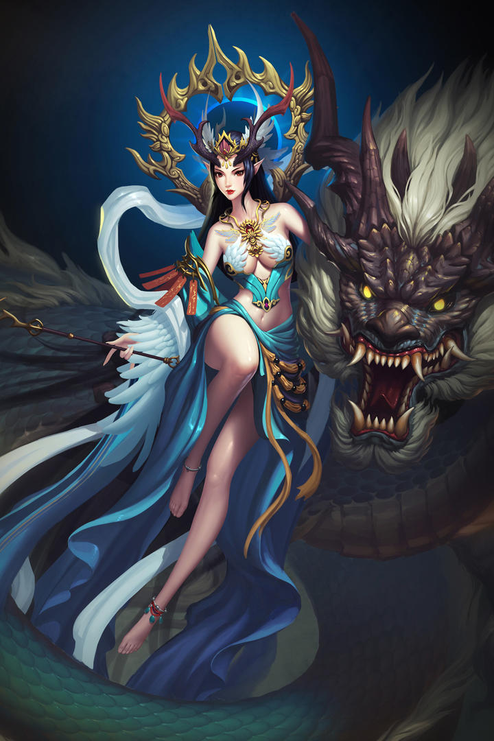 驾驭巨龙的美女中国神话人物手绘素材图片大全