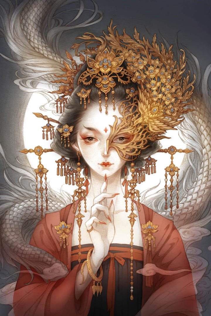 戴着凤冠的手绘古装美女图片