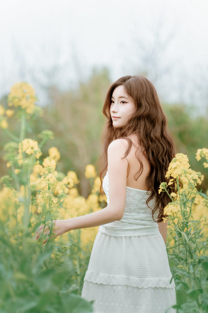 站在油菜花中的美女大学生艺术照摄影图片