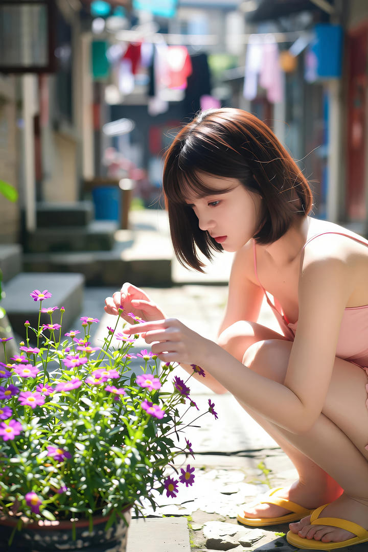 赏花的少女街拍