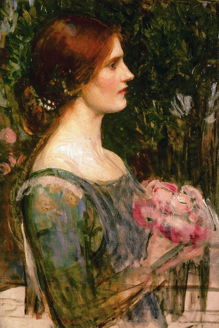 沃特豪斯拿花束的成熟女性人物油画作品