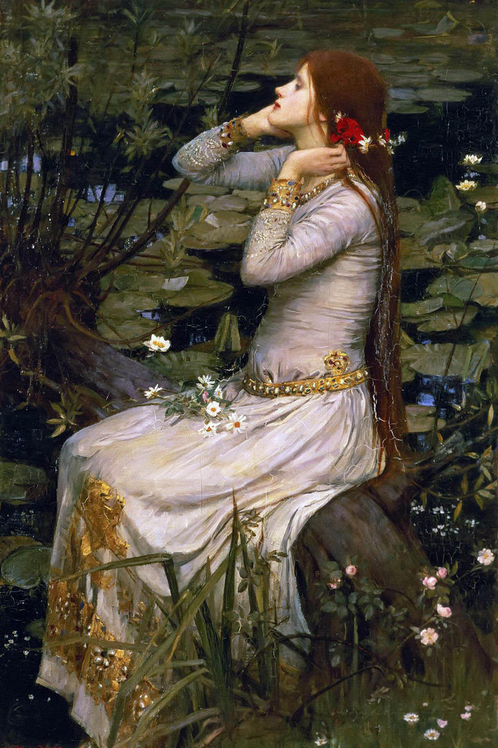 坐在荷花池塘边的绝色美女油画人物作品图片欣赏
