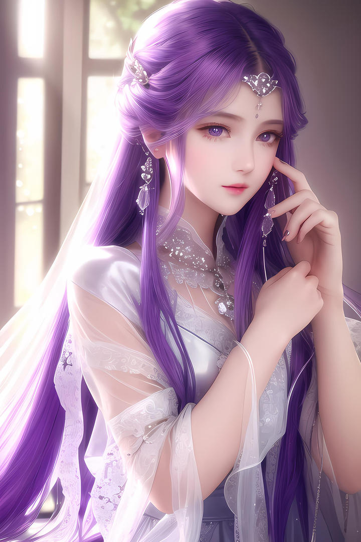 蓝紫色长发AI美女高清图片
